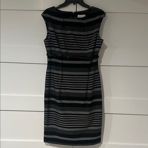 (3/$30) Calvin Klein Black and Gray Striped Midi Dress